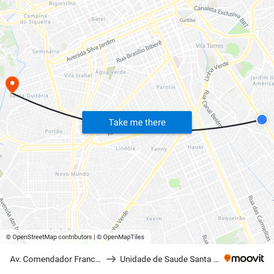 Av. Comendador Franco, 4485 to Unidade de Saude Santa Quiteria map