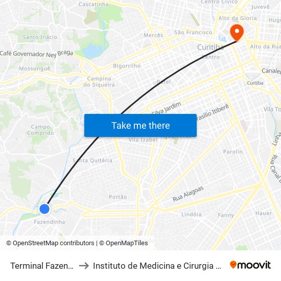 Terminal Fazendinha to Instituto de Medicina e Cirurgia do Paraná map