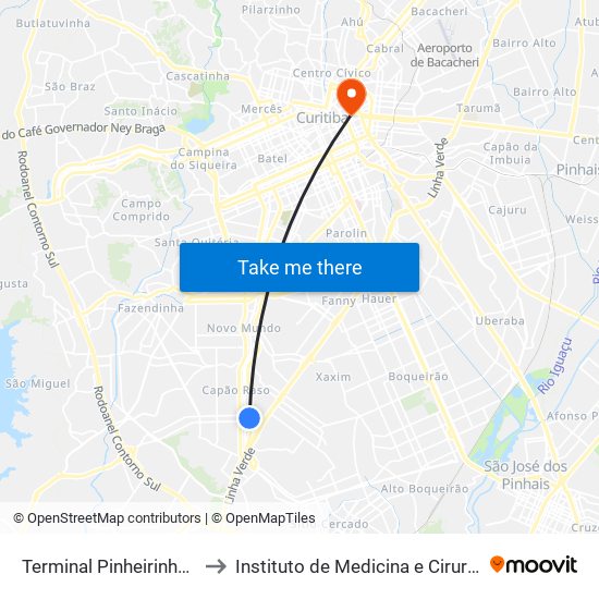 Terminal Pinheirinho (Externo) to Instituto de Medicina e Cirurgia do Paraná map