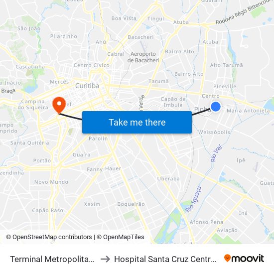 Terminal Metropolitano Pinhais to Hospital Santa Cruz Centro Obstetrico map