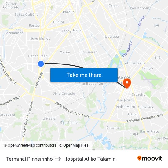 Terminal Pinheirinho to Hospital Atilio Talamini map