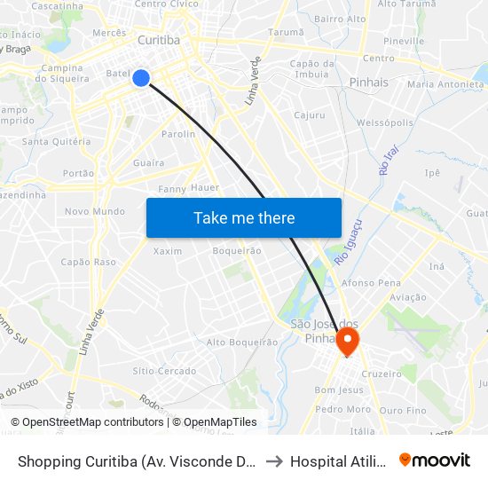 Shopping Curitiba (Av. Visconde De Guarapuava, 3850) to Hospital Atilio Talamini map