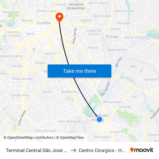 Terminal Central São José Dos Pinhais to Centro Cirurgico - Hospital XV map