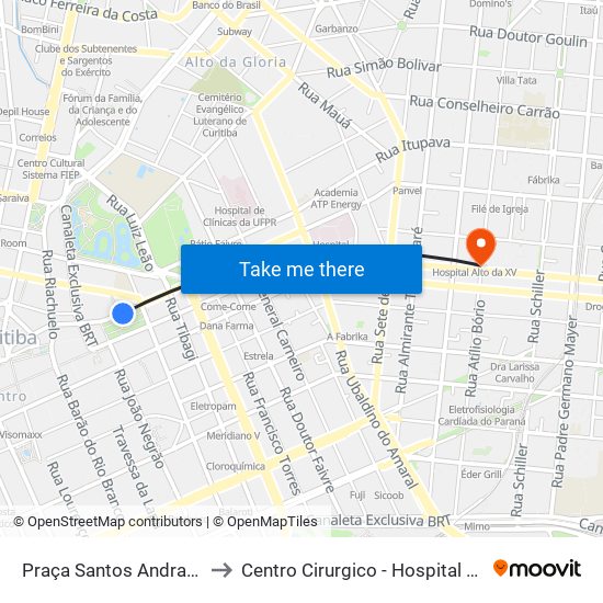 Praça Santos Andrade to Centro Cirurgico - Hospital XV map