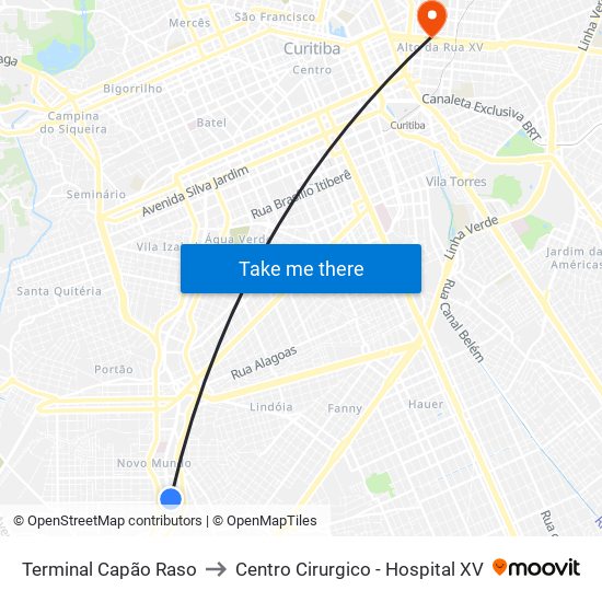 Terminal Capão Raso to Centro Cirurgico - Hospital XV map