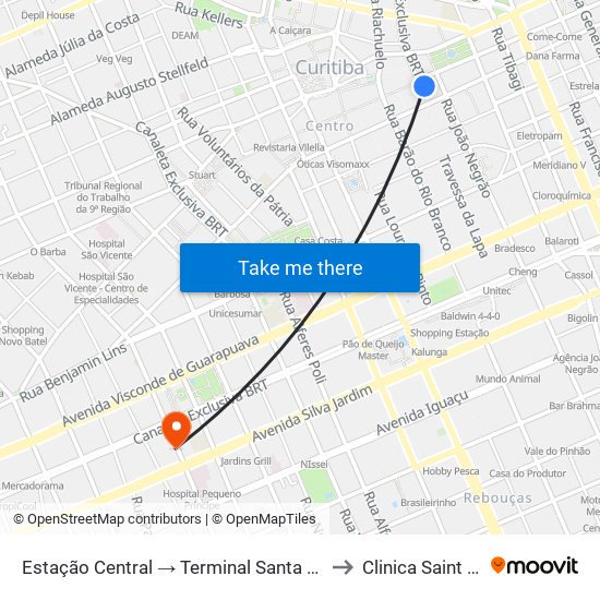 Estação Central → Terminal Santa Cândida to Clinica Saint Paul map