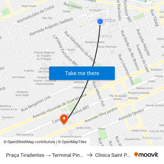 Praça Tiradentes → Terminal Pinhais to Clinica Saint Paul map
