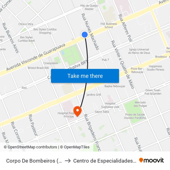 Corpo De Bombeiros (Av. Visconde De Guarapuava, 3571) to Centro de Especialidades Médicas do Hospital Pequeno Príncipe map