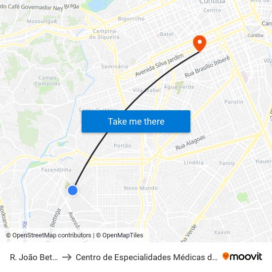 R. João Bettega, 2967 to Centro de Especialidades Médicas do Hospital Pequeno Príncipe map