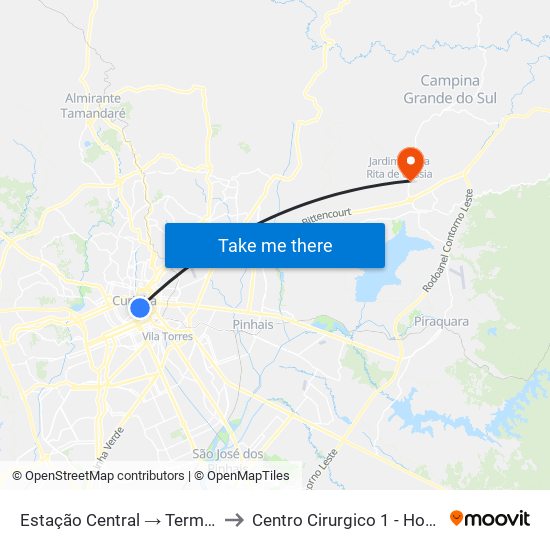 Estação Central → Terminal Santa Cândida to Centro Cirurgico 1 - Hosp Angelina Caron map