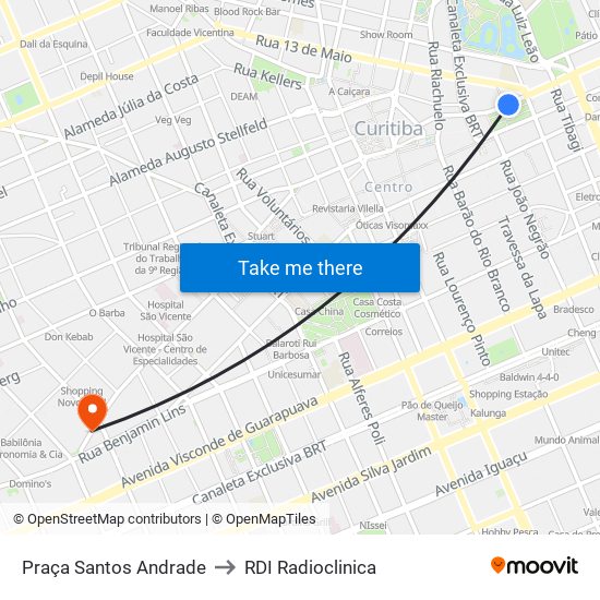 Praça Santos Andrade to RDI Radioclinica map