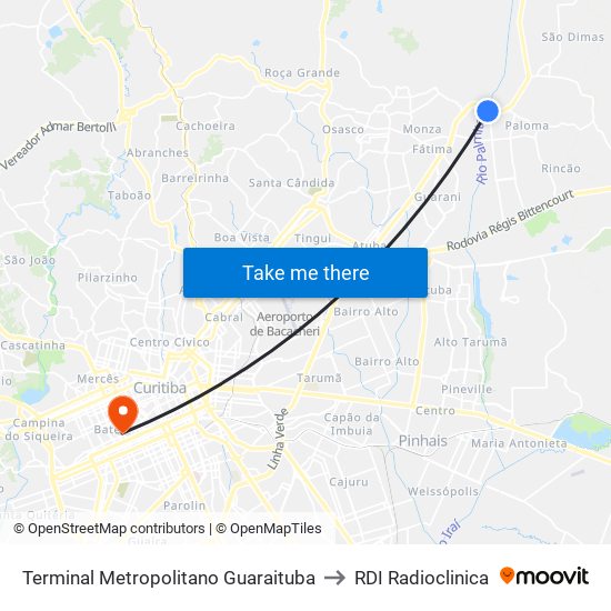 Terminal Metropolitano Guaraituba to RDI Radioclinica map