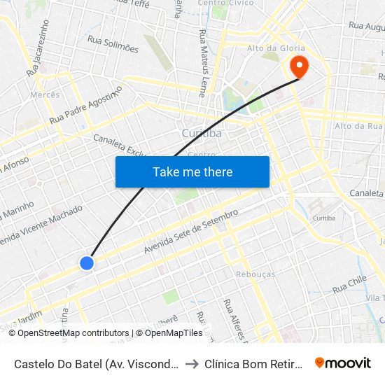 Castelo Do Batel (Av. Visconde De Guarapuava, 4610) to Clínica Bom Retiro - Saúde Mental map