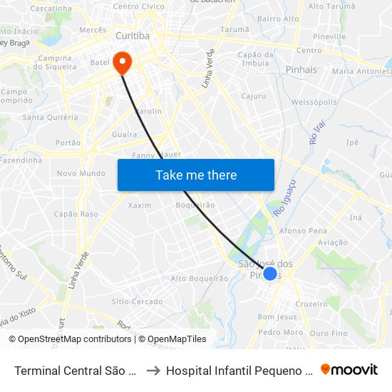 Terminal Central São José Dos Pinhais to Hospital Infantil Pequeno Principe Posto 550 map