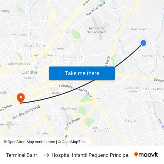 Terminal Bairro Alto to Hospital Infantil Pequeno Principe Posto 550 map