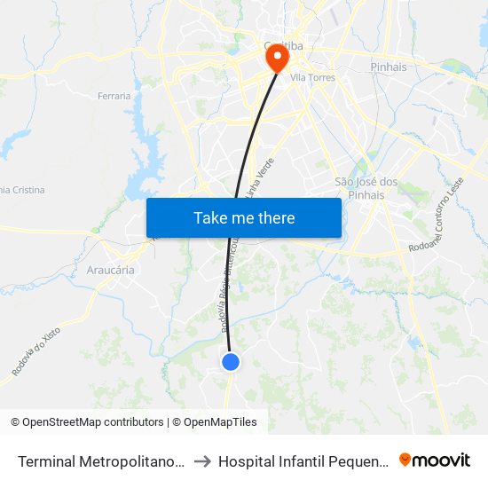 Terminal Metropolitano Fazenda Rio Grande to Hospital Infantil Pequeno Principe Posto 550 map