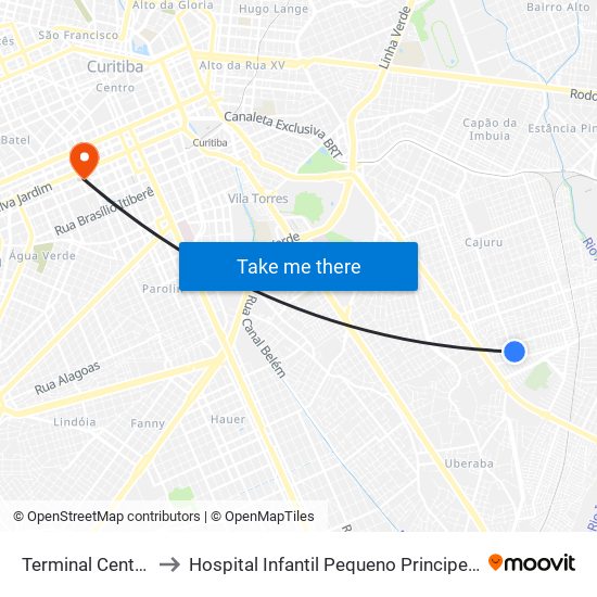 Terminal Centenário to Hospital Infantil Pequeno Principe Posto 550 map