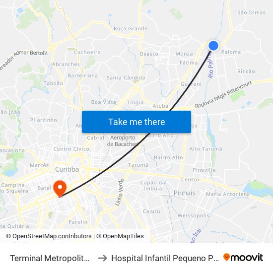 Terminal Metropolitano Guaraituba to Hospital Infantil Pequeno Principe Posto 550 map