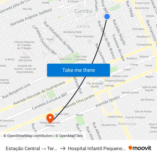Estação Central → Terminal Capão Raso to Hospital Infantil Pequeno Principe Posto 550 map