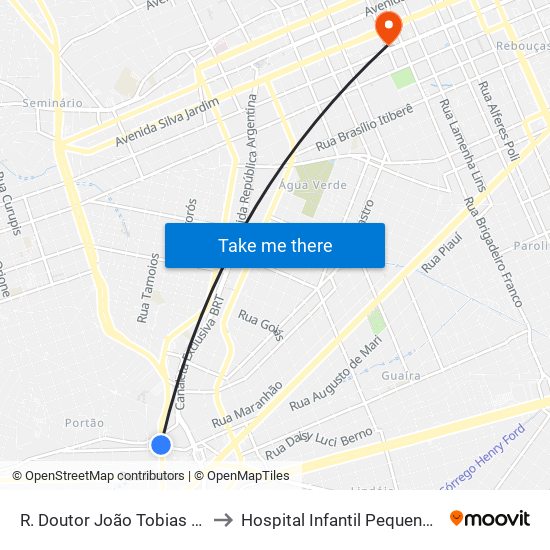 R. Doutor João Tobias Pinto Rebelo, 3500 to Hospital Infantil Pequeno Principe Posto 550 map