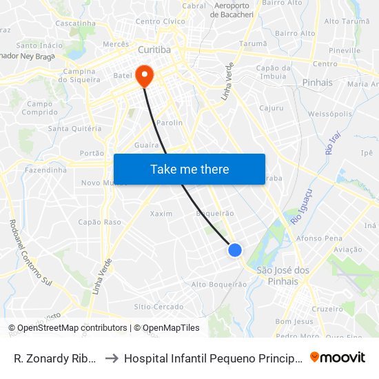 R. Zonardy Ribas, 750 to Hospital Infantil Pequeno Principe Posto 550 map