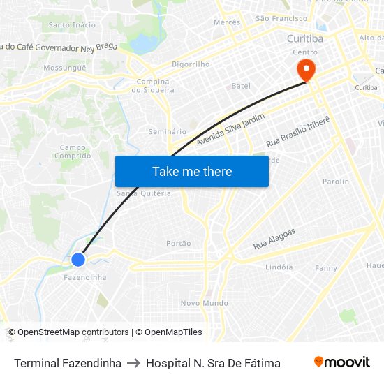 Terminal Fazendinha to Hospital N. Sra De Fátima map