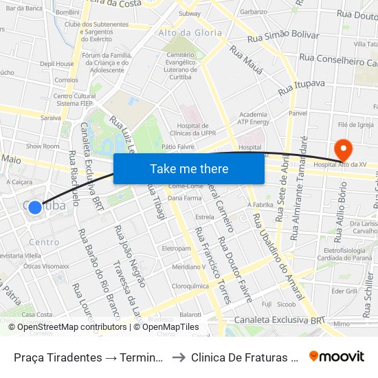 Praça Tiradentes → Terminal Bairro Alto to Clinica De Fraturas Alto Da Xv map