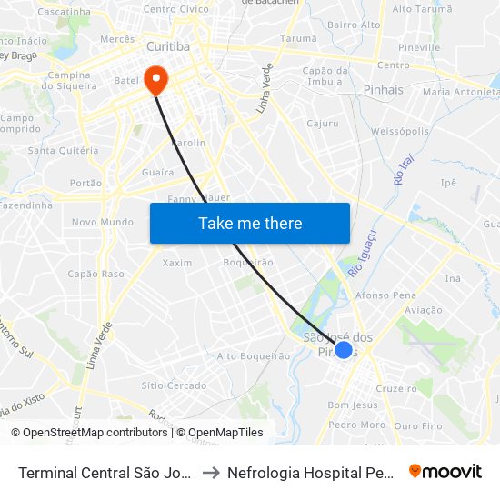 Terminal Central São José Dos Pinhais to Nefrologia Hospital Pequeno Principe map