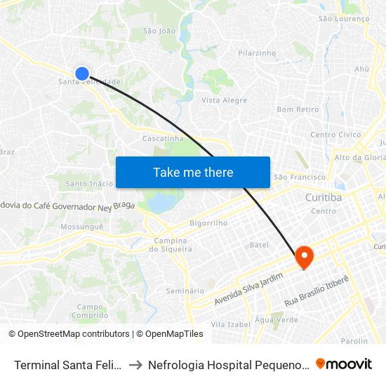 Terminal Santa Felicidade to Nefrologia Hospital Pequeno Principe map