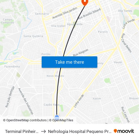 Terminal Pinheirinho to Nefrologia Hospital Pequeno Principe map