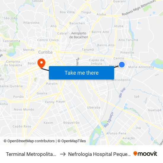 Terminal Metropolitano Pinhais to Nefrologia Hospital Pequeno Principe map