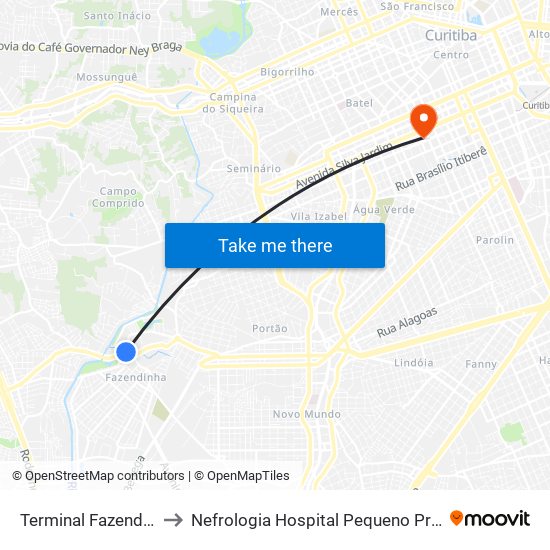 Terminal Fazendinha to Nefrologia Hospital Pequeno Principe map