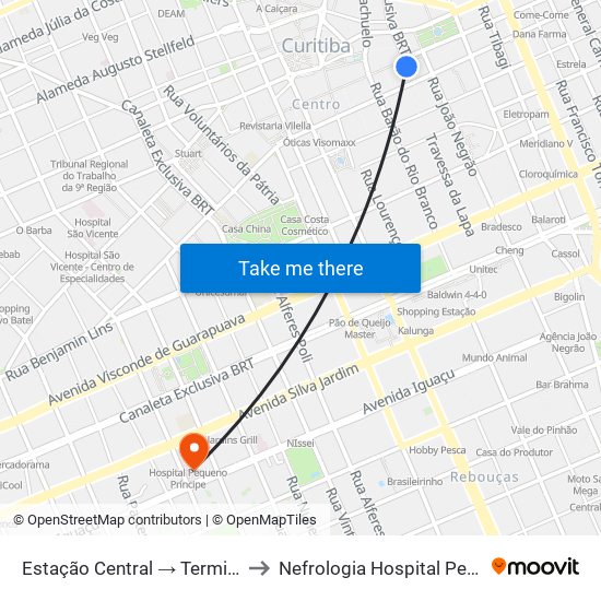 Estação Central → Terminal Capão Raso to Nefrologia Hospital Pequeno Principe map