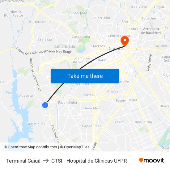 Terminal Caiuá to CTSI - Hospital de Clínicas UFPR map