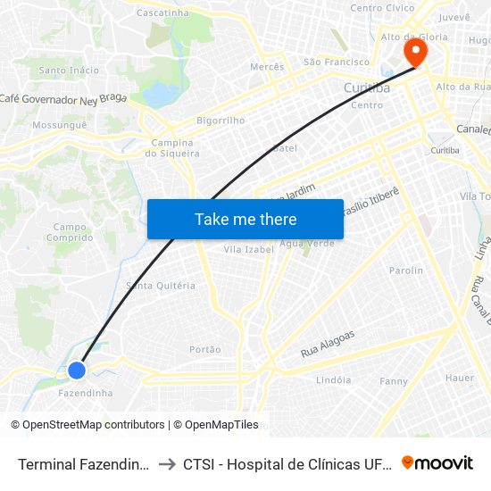 Terminal Fazendinha to CTSI - Hospital de Clínicas UFPR map