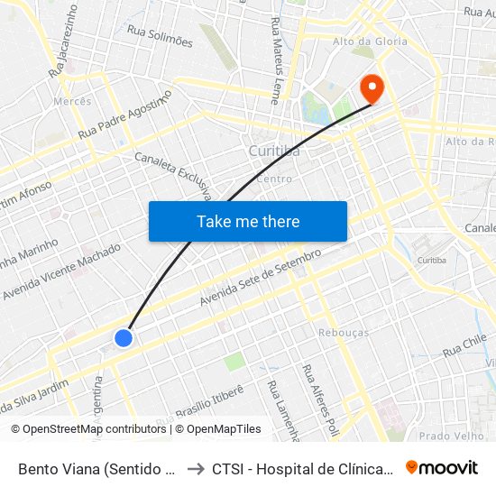 Bento Viana (Sentido Norte) to CTSI - Hospital de Clínicas UFPR map