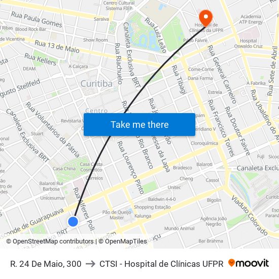 R. 24 De Maio, 300 to CTSI - Hospital de Clínicas UFPR map