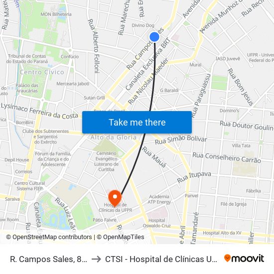 R. Campos Sales, 842 to CTSI - Hospital de Clínicas UFPR map