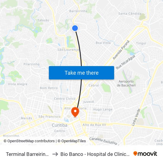 Terminal Barreirinha to Bio Banco - Hospital de Clinicas map