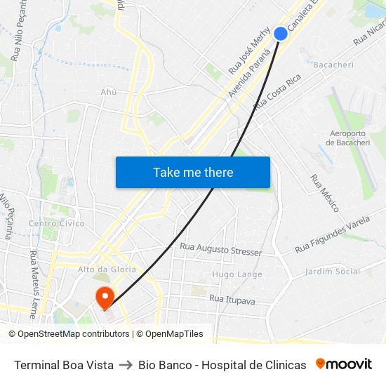 Terminal Boa Vista to Bio Banco - Hospital de Clinicas map