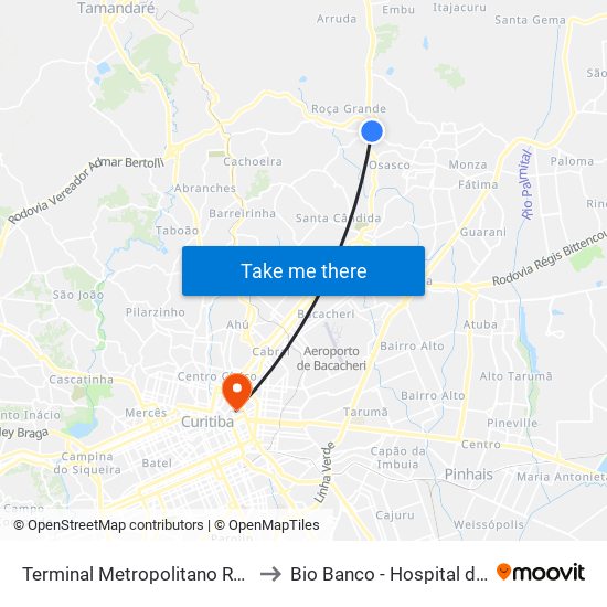 Terminal Metropolitano Roça Grande to Bio Banco - Hospital de Clinicas map