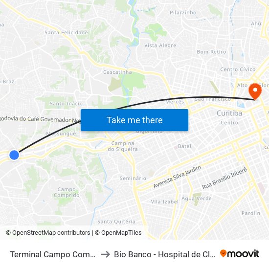 Terminal Campo Comprido to Bio Banco - Hospital de Clinicas map
