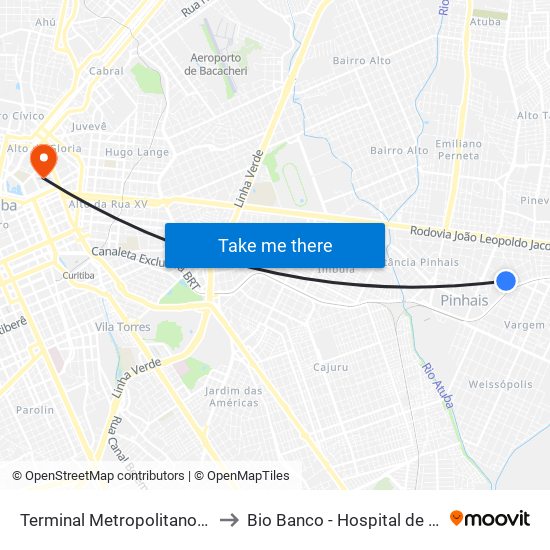 Terminal Metropolitano Pinhais to Bio Banco - Hospital de Clinicas map
