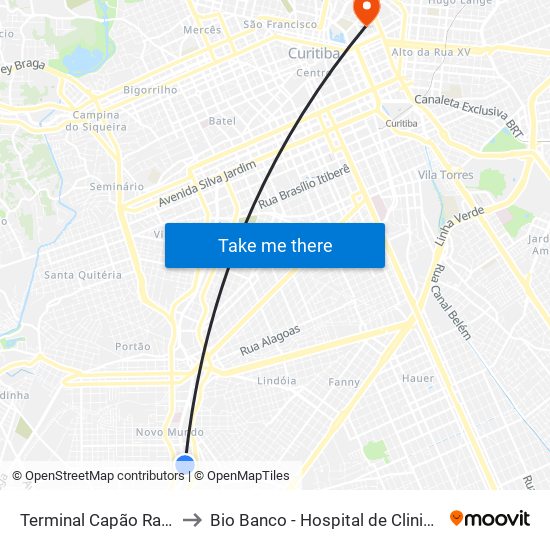 Terminal Capão Raso to Bio Banco - Hospital de Clinicas map