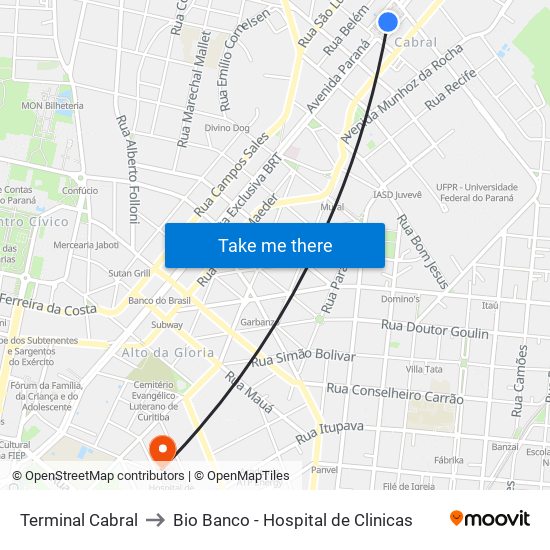 Terminal Cabral to Bio Banco - Hospital de Clinicas map