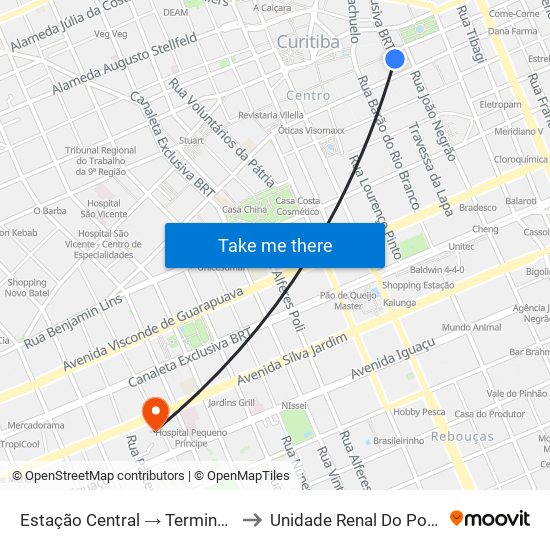 Estação Central → Terminal Santa Cândida to Unidade Renal Do Portão - UNIRIM map