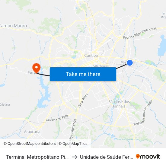 Terminal Metropolitano Pinhais to Unidade de Saúde Ferraria map