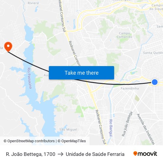 R. João Bettega, 1700 to Unidade de Saúde Ferraria map