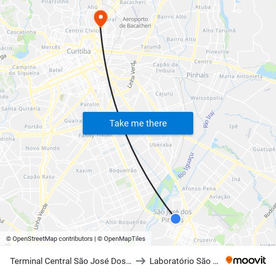 Terminal Central São José Dos Pinhais to Laboratório São Lucas map