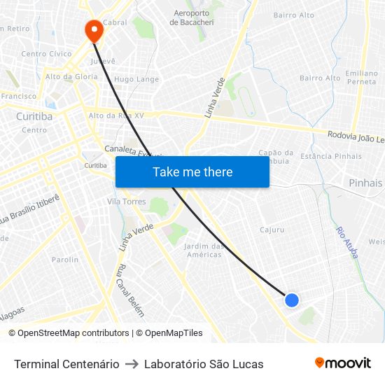 Terminal Centenário to Laboratório São Lucas map